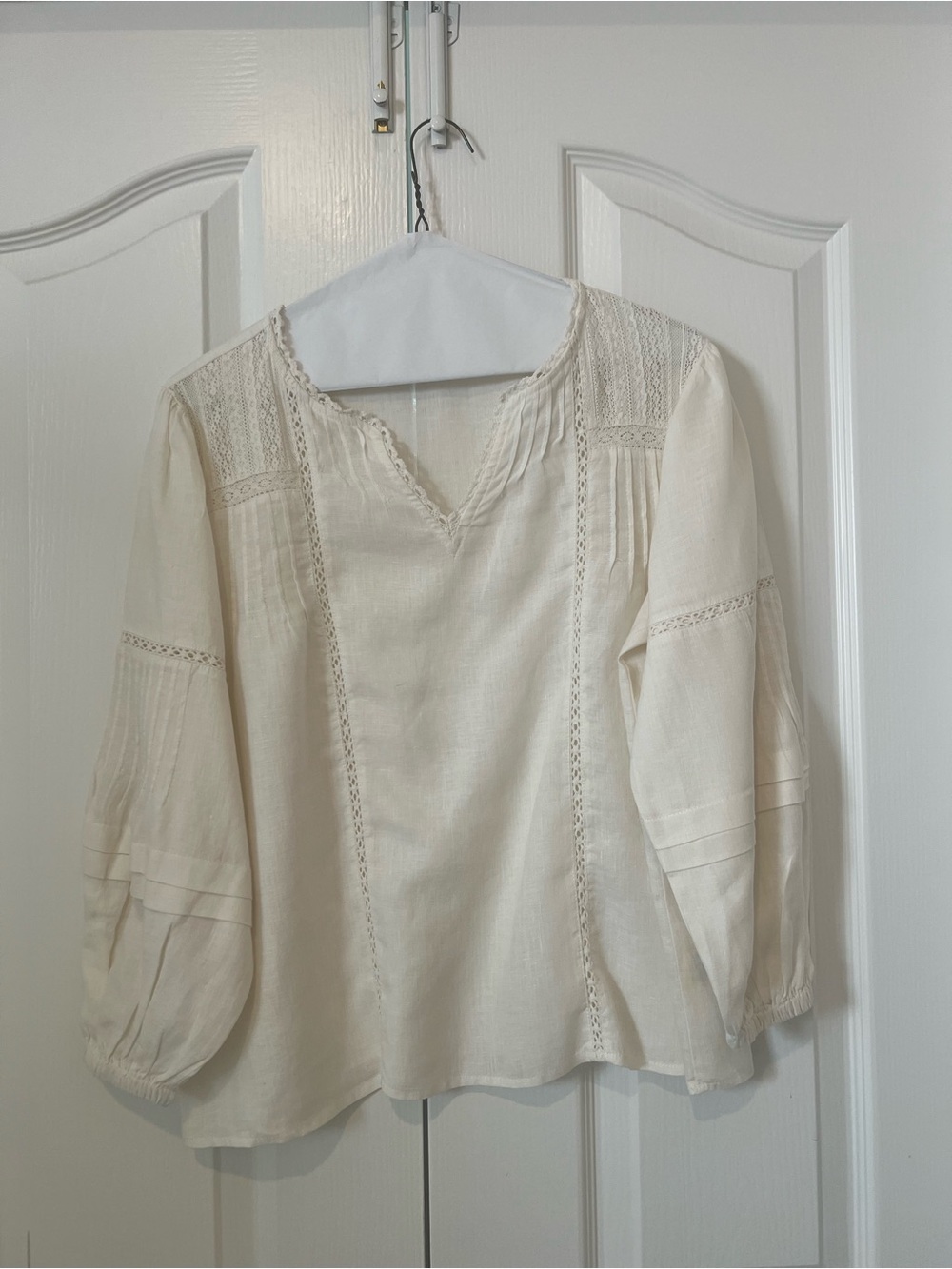 Women's Cream Boho Lace-Trim Linen Peasant Blouse